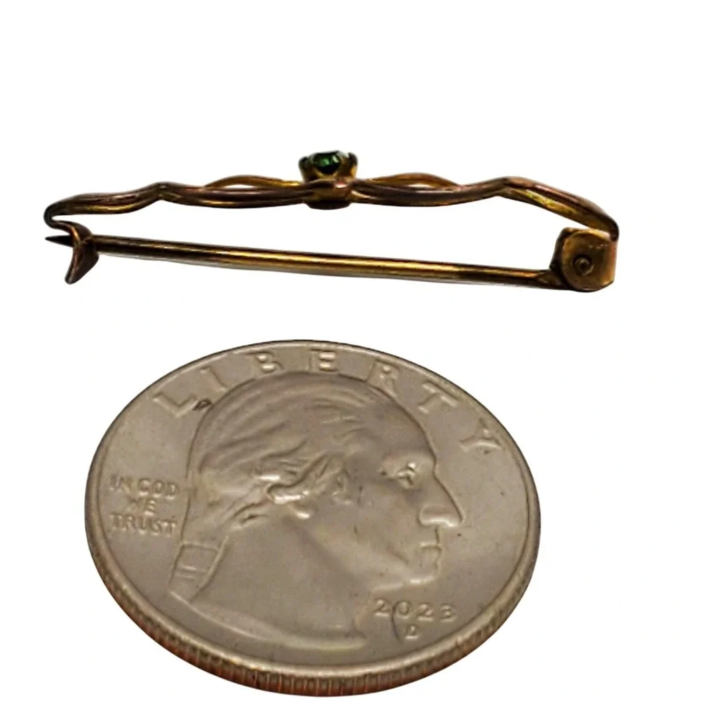 Antique Bar Pin Gold Tone Green Rhinestone Filigree Brooch Victorian Revival Vtg